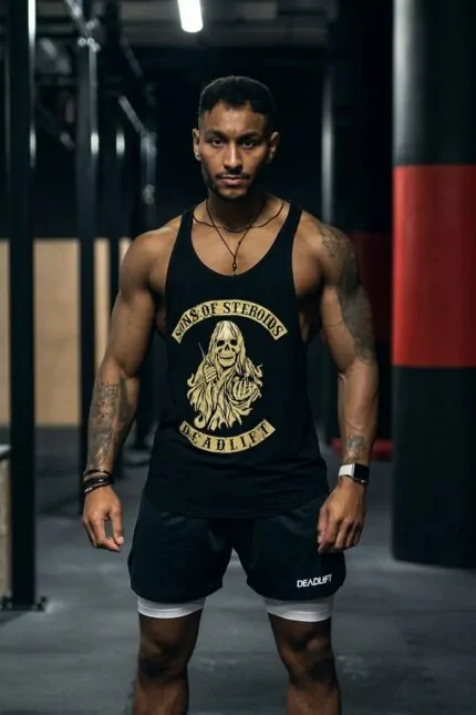 tank top steroids czarny treningowy męski na siłownię