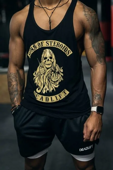 tank top steroids czarny treningowy męski na siłownię
