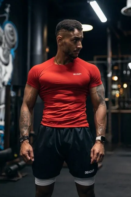 rashguard męski bezszwowy czerwony oddychający