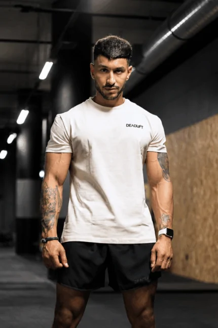 t-shirt męski muscle fit kremowy na siłownię