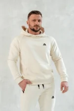bluza dresowa męska bawełniana kremowa z kapturem kangurka