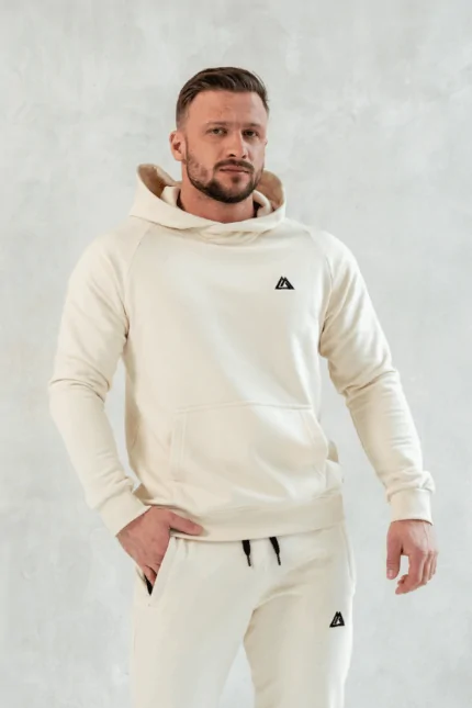 bluza dresowa męska bawełniana kremowa z kapturem kangurka