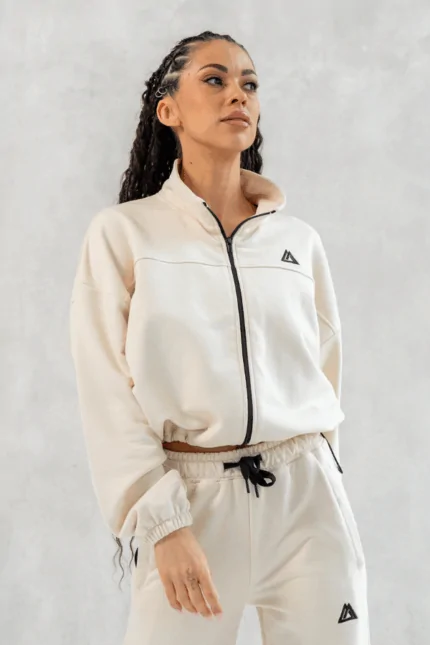 bluza dresowa rozpinana damska kremowa ze stójką