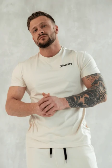 t-shirt męski muscle fit kremowy bawełniany