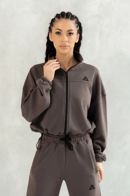 rozpinana bluza damska ze stójką czekoladowa ze ściągaczem
