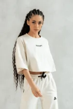 Crop top damski kremowy beż sportowy bawełniany