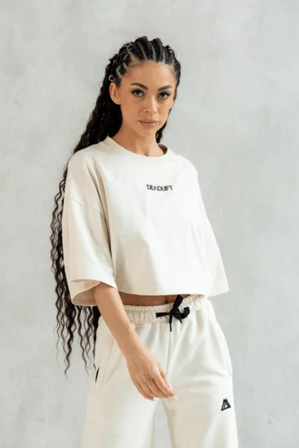 Crop top damski kremowy beż sportowy bawełniany