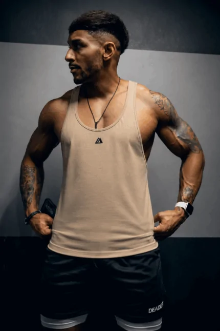 tank top męski stringer na siłownię bawełniany beżowy