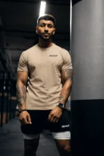 t-shirt męski bawełniany beżowy treningowy muscle fit