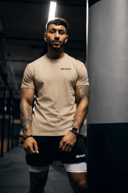 t-shirt męski bawełniany beżowy treningowy muscle fit