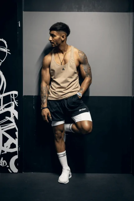 tank top męski stringer na siłownię bawełniany beżowy