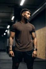 t-shirt męski z kontrastową lamówką brązowy treningowy